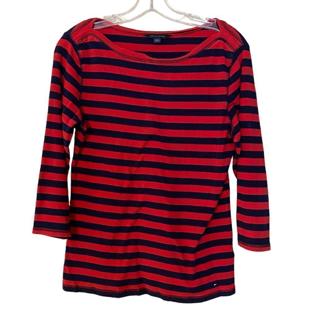 Tommy Hilfiger Scoop-neck 3/4 length Sleeve Red and Navy Blue Stripe Shirt